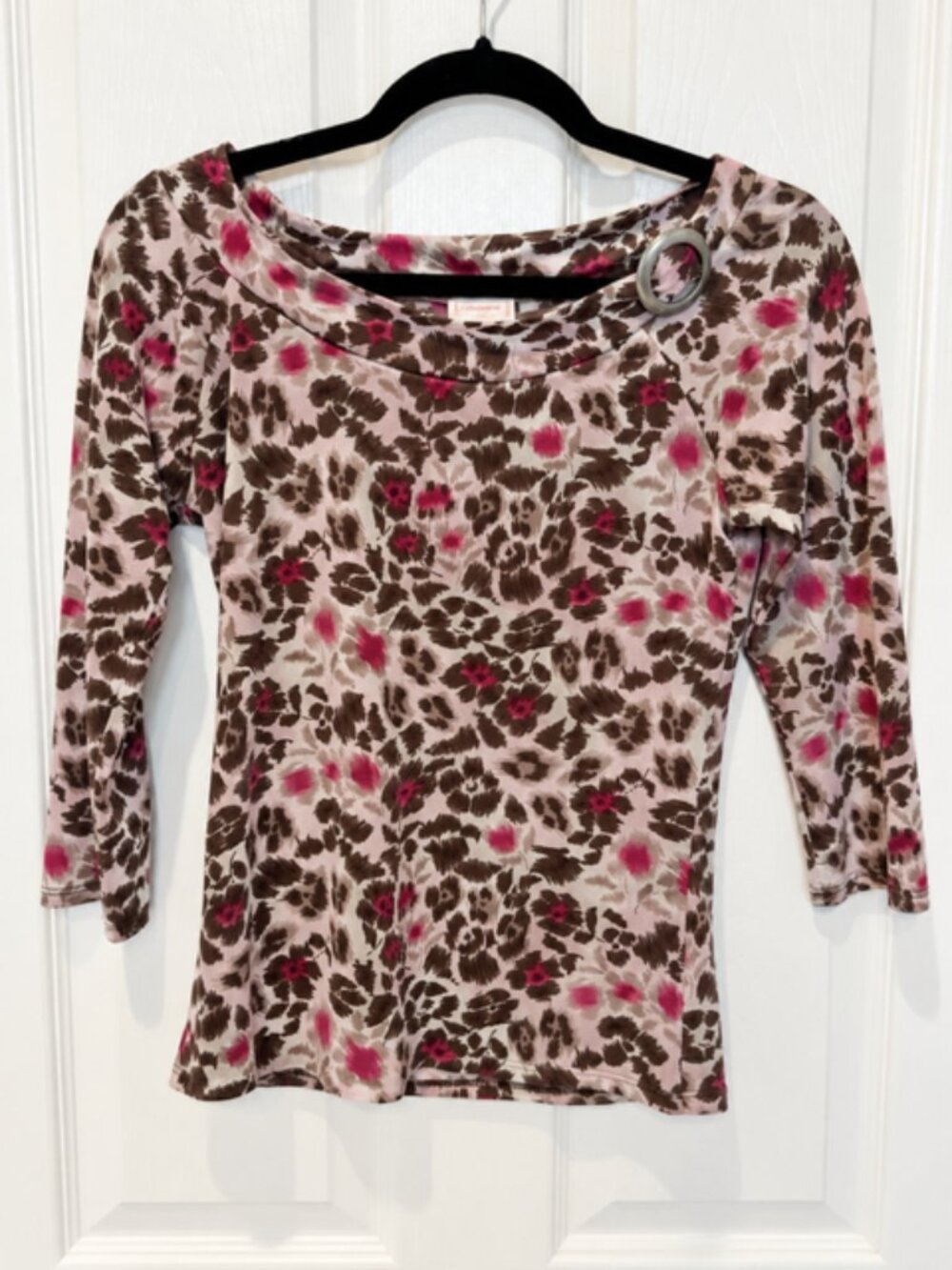 Vintage Seventeen Leopard Floral Top Women’s M Pink Brown Cowl Neck Y2K